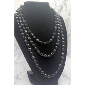 Vintage Made in Austria 56" Black Faceted Glass Bead Necklace Signed